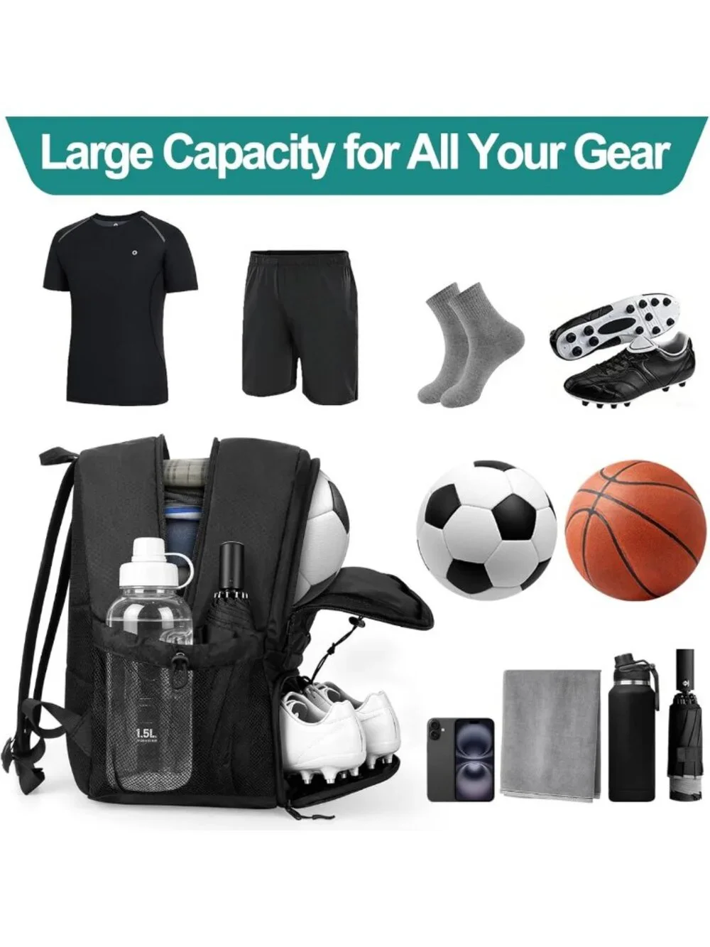 Versatile Soccer Backpack with Ball Compartment & Cleat Storage, Water
